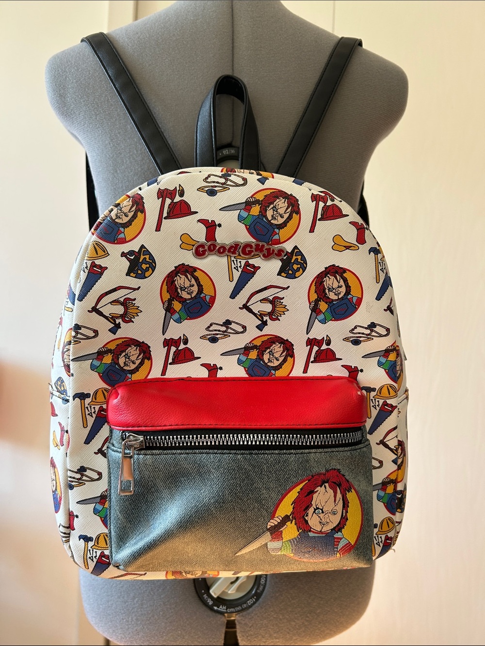 Loungefly White Multicolor Chucky Pattern Backpack with Red Front Pocket